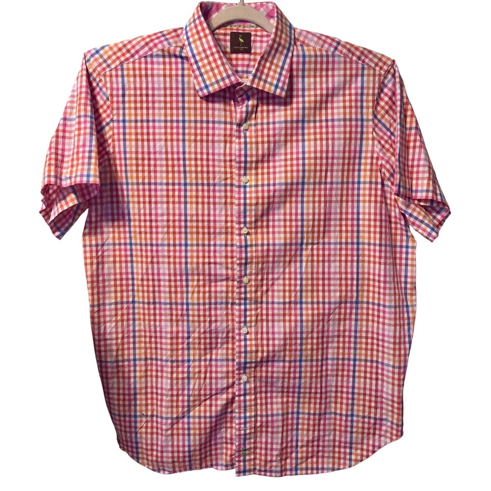 Tailorbyrd Button Down Shirt‎ Mens 2XL Pink Orange Plaid Short Sleeve Excellent